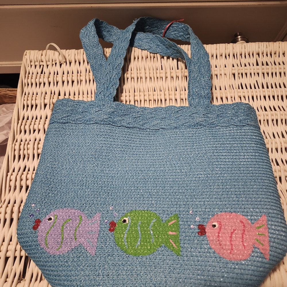 betmar Blue Woven Tote with Pink, Purple & Green Fish